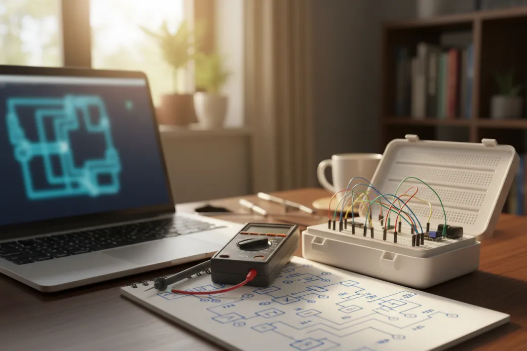 A home study desk with a laptop showing a circuit diagram, a multimeter, a breadboard lab kit and a notepad of circuit sketches.